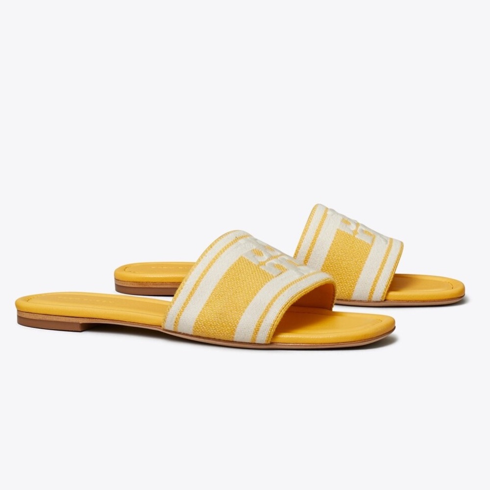 Tory Burch Double T Jacquard Slide Sandals Mellow Yellow Size 8